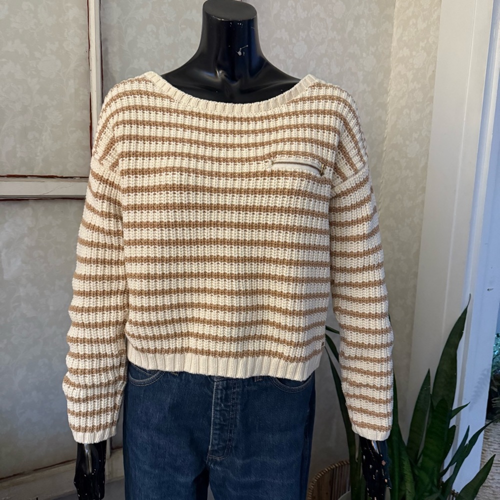 Tommy Hilfiger Striped Cream & Brown Sweater 100% Cotton